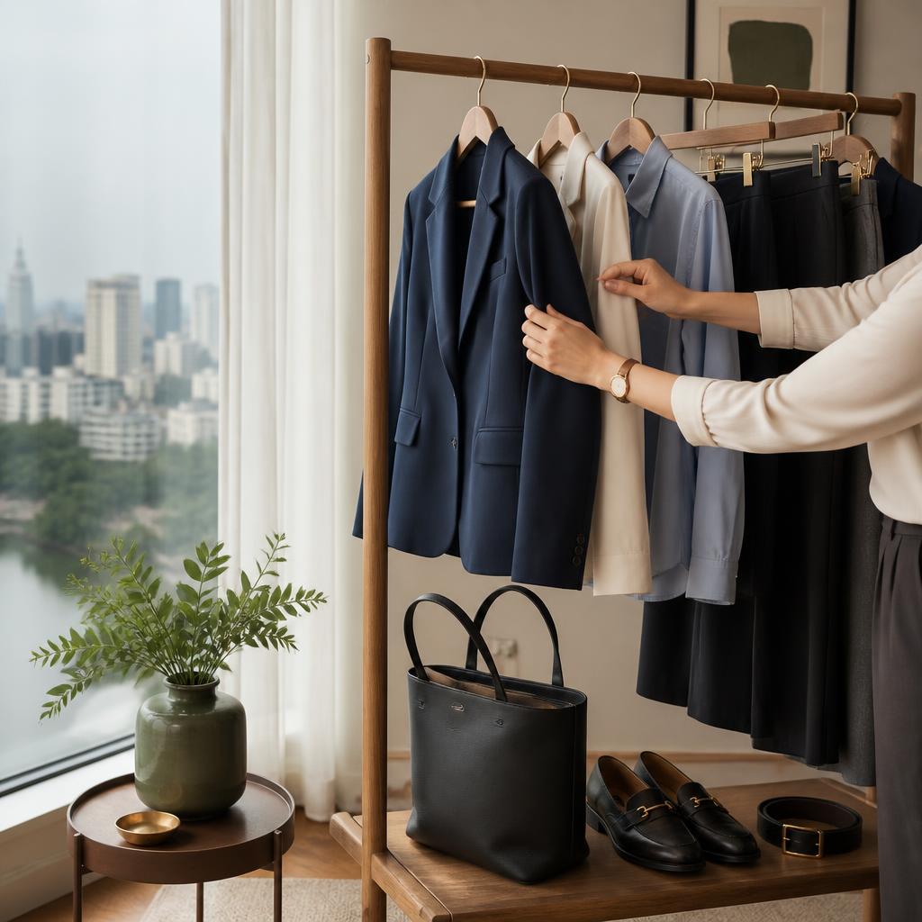 Illustration of a minimal work wardrobe with a jacket, shirt, tailored trousers and shoes for versatile professional outfits.