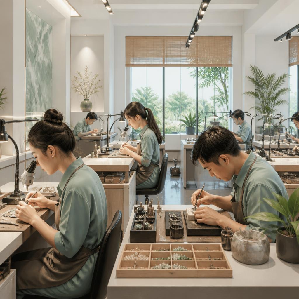 AI-generated illustration of craftspeople working in a jewellery workshop; not Pandora’s actual factory.